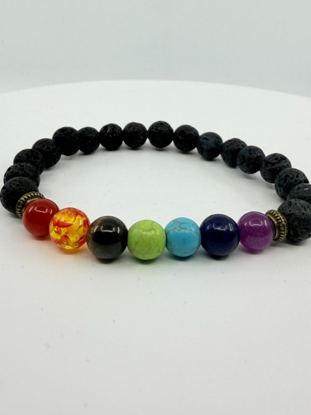 Vintage Modern Chakra Lava Rock Beaded Stretch Bracelet Multicolor Healing Stone